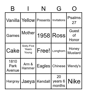 Lena T.  Birthday Bingo Card