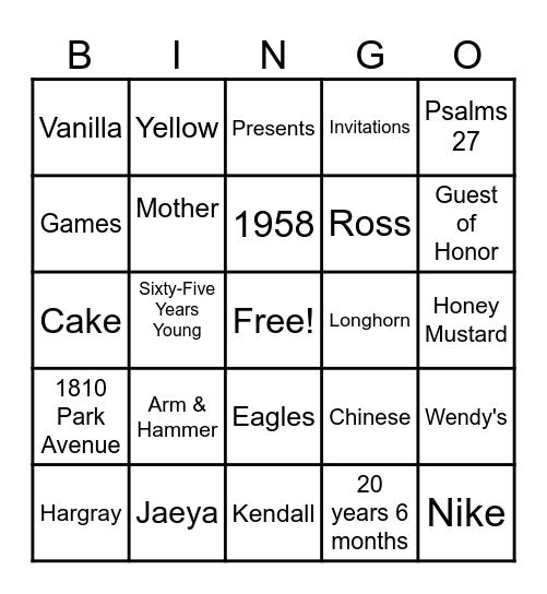 Lena T.  Birthday Bingo Card