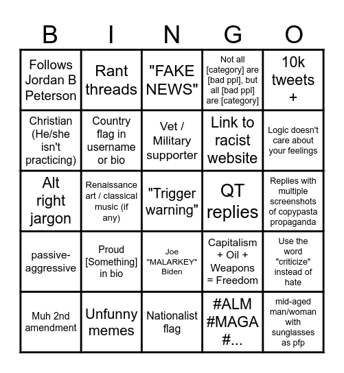 The "Righteous" Twitter Profile Bingo Card