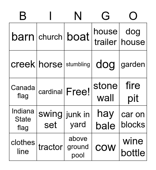 Back Road Wine Tour Bingo Card