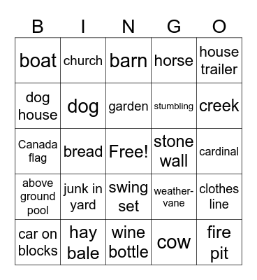 Back Road Wine Tour Bingo Card