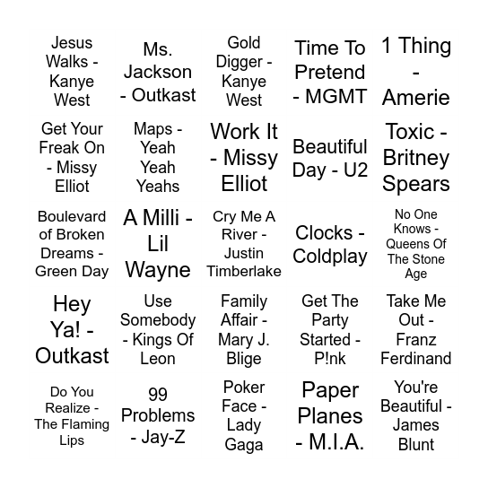 2000's Bingo Card