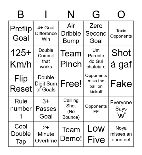 Rocket League Bingo Card
