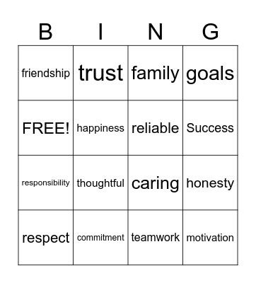 VALUES Bingo Card