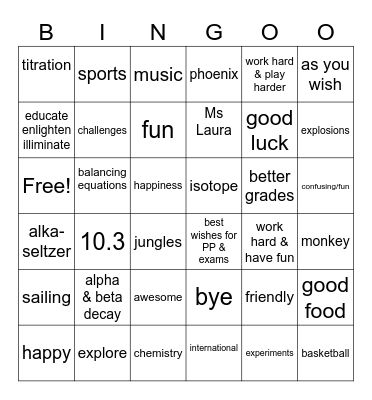 MYP4-10.3 Bingo Game Bingo Card