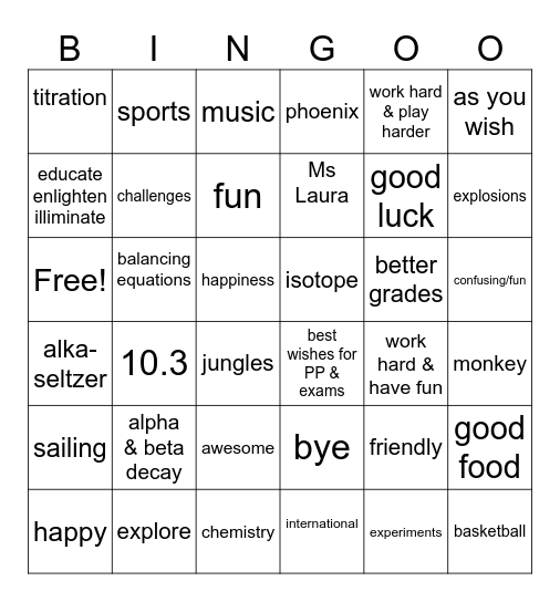 MYP4-10.3 Bingo Game Bingo Card