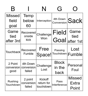 Super Bowl Bingo Card