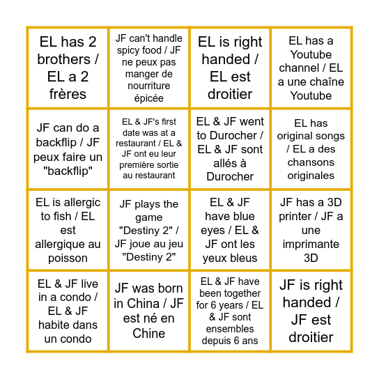 Elisa & JF Bingo Card