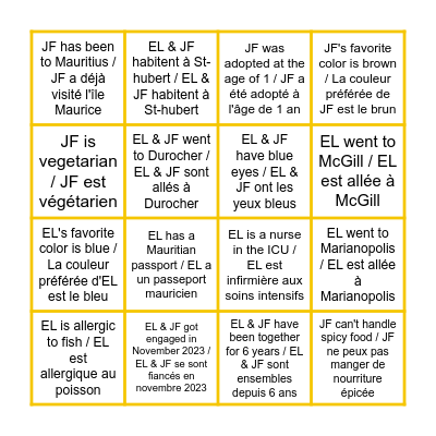 EL & JF Bingo Card