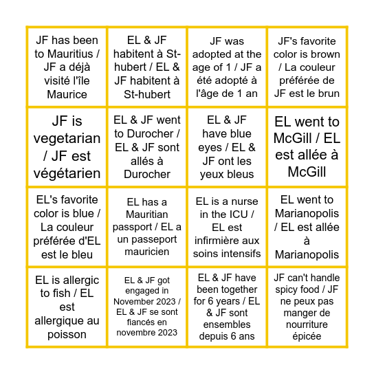 EL & JF Bingo Card