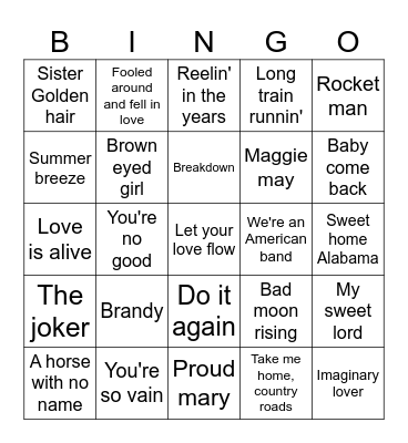 70's Hits Bingo Card