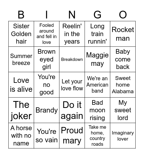 70's Hits Bingo Card