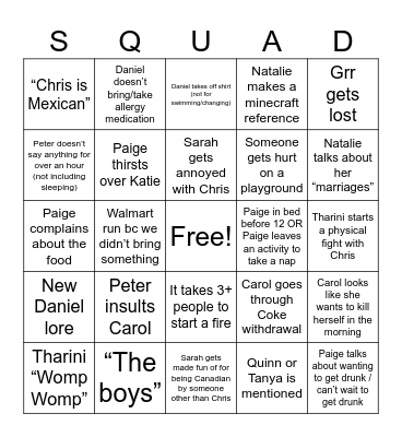 Chris' Squad Bingo Card