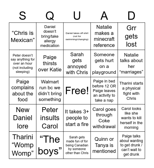 Chris' Squad Bingo Card
