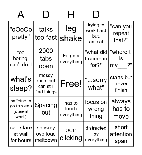 ADHD BINGO Card