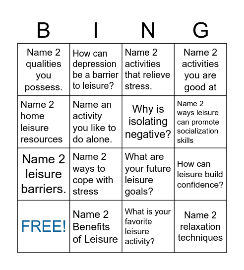 Leisure Bingo Card