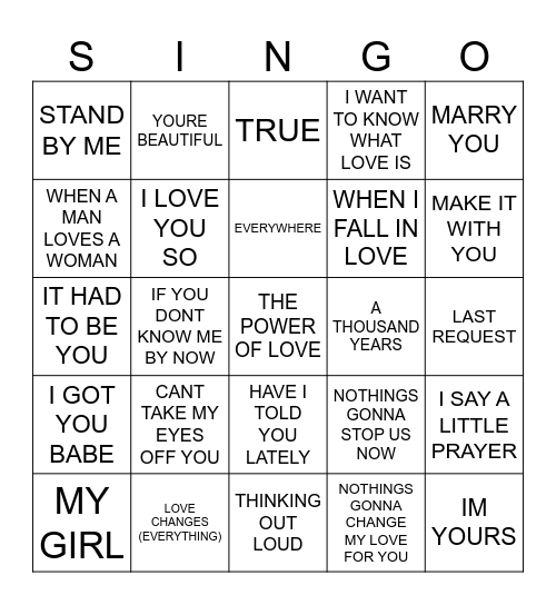 822 BEST WEDDING SONGS Bingo Card