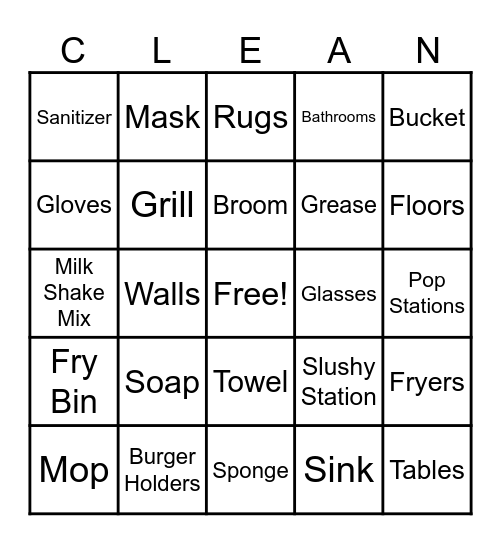 Harvey's Cleaning Bingo Card