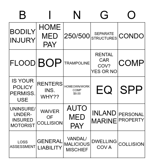 INSURANCE Bingo Card