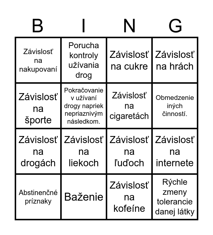 Príznaky závislosti Bingo Card
