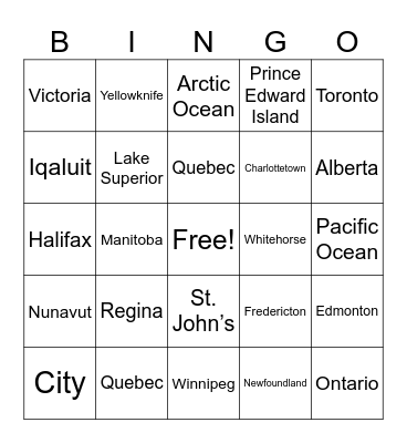 Canadian Geography Bingo Card