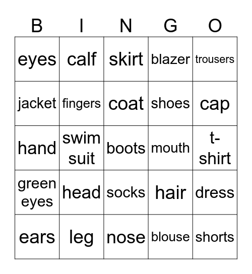 Bodyparts and Clothing Bingo Card