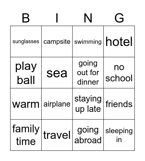 Summer holiday Bingo Card