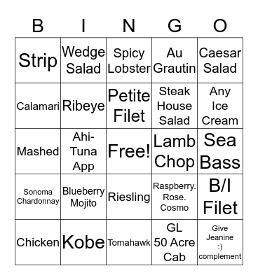 Ruth's Chris Steak House Bingo Card