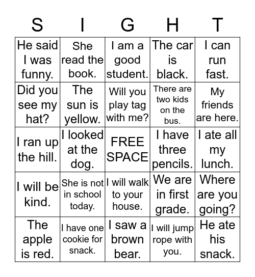 Bingo Using Sight Word Sentences Bingo Card
