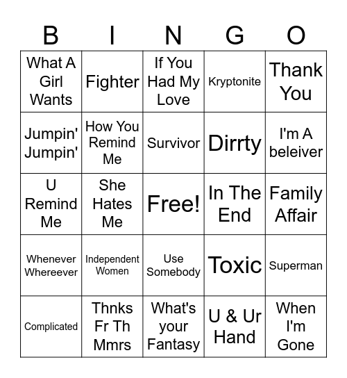 2000s Hits Bingo Card