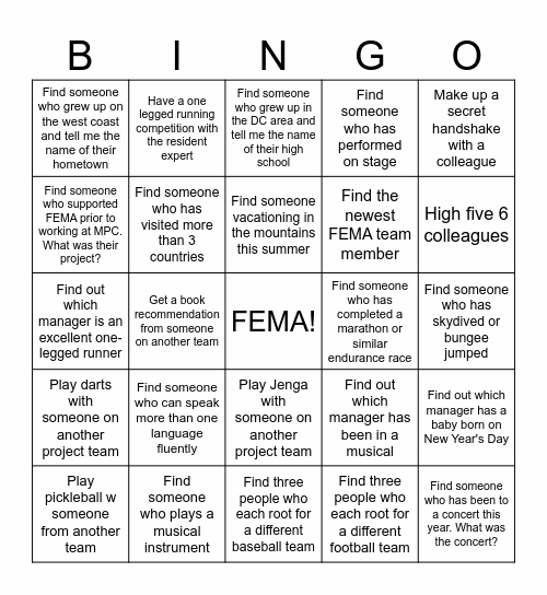 MPC FEMA Team Bingo Card
