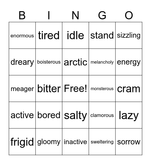 Antonym Bingo Card