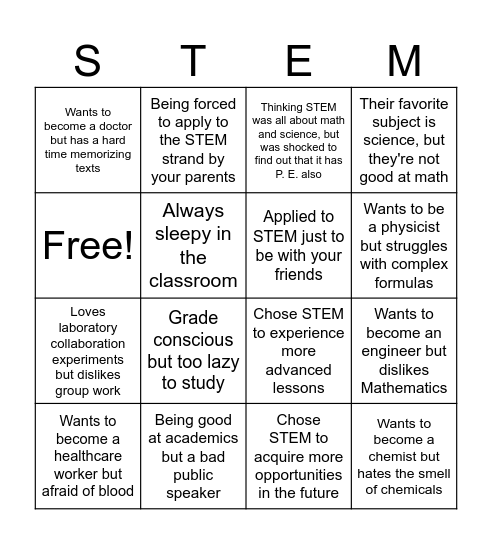 STEM Career Bingo Card