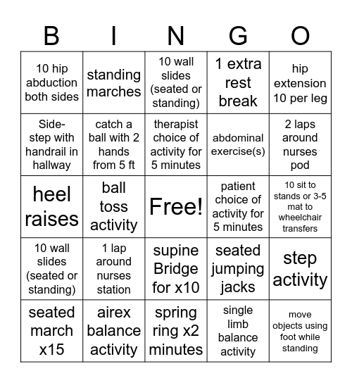 Physical Therapy Bingo! Level 2 Activity Bingo Card