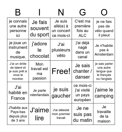 ALC BINGO HUMAIN - L'école de français Bingo Card