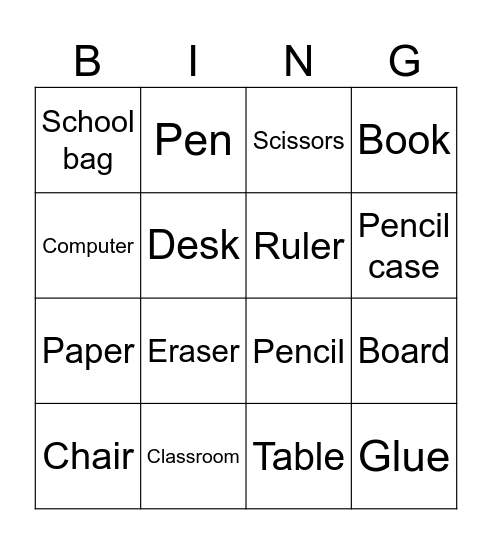 Classroom Objects Bingo Card