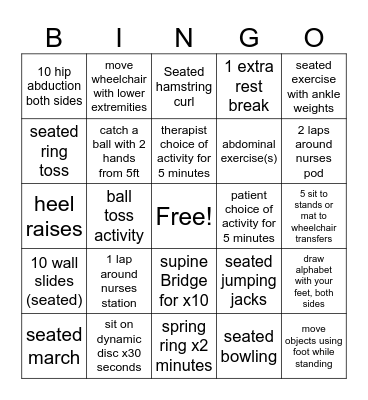 Physical Therapy Bingo! Level 1 Activity Bingo Card