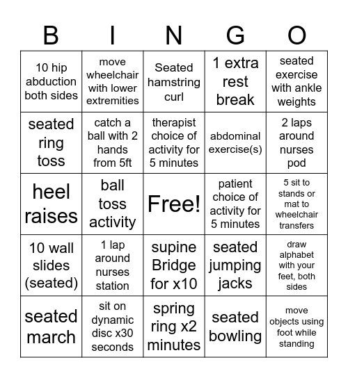 Physical Therapy Bingo! Level 1 Activity Bingo Card