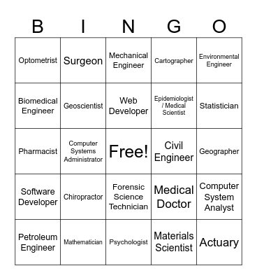 STEM Career Opportunities Bingo Card