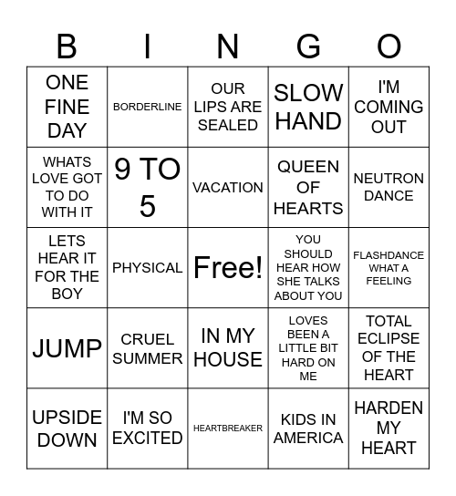 80S LADIES Bingo Card