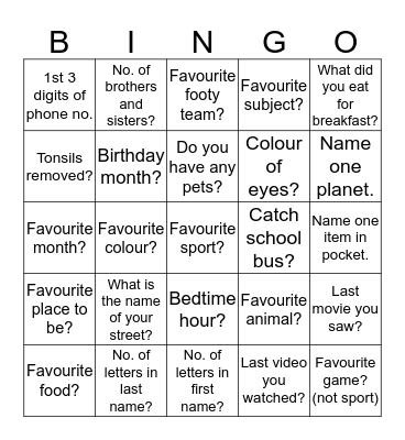 Personality Bingo Card