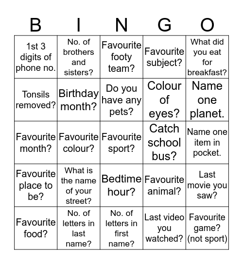 Personality Bingo Card