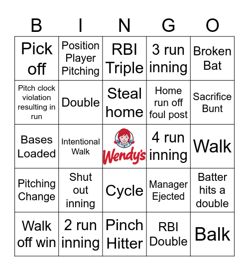 Wendy's Baseball Bingo Extravaganza Bingo Card