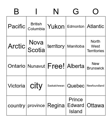 Canada Vocabulary Bingo Card