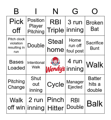 Wendy's Baseball Bingo Extravaganza Bingo Card