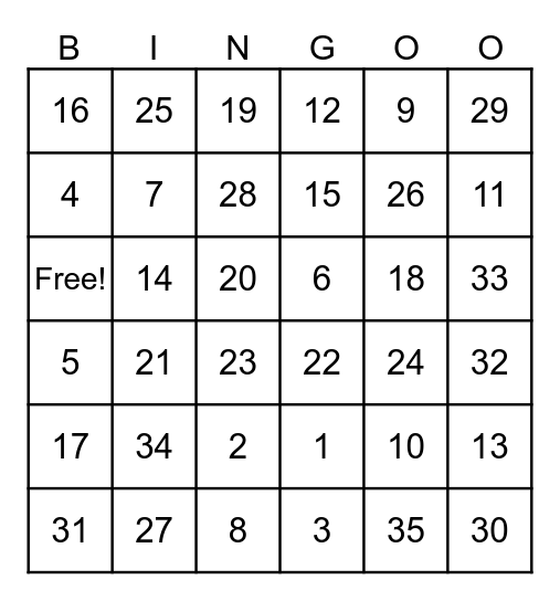 NUMBERS Bingo Card