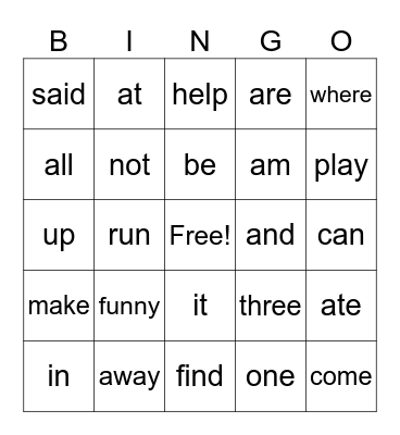 Dolch Words Bingo Card