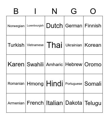 LANGUAGES Bingo Card