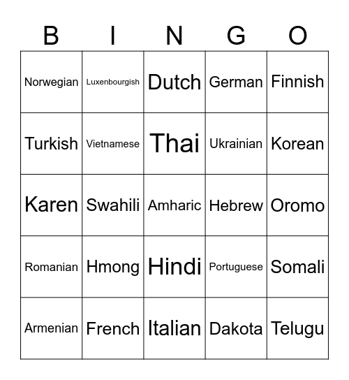 LANGUAGES Bingo Card