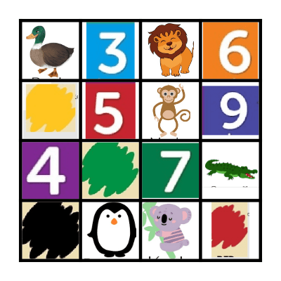 Animals + numbers + colors Bingo Card